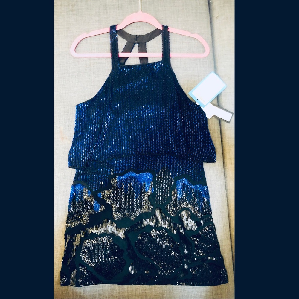 NWT NEW PARKER sequin mini dress blue and black